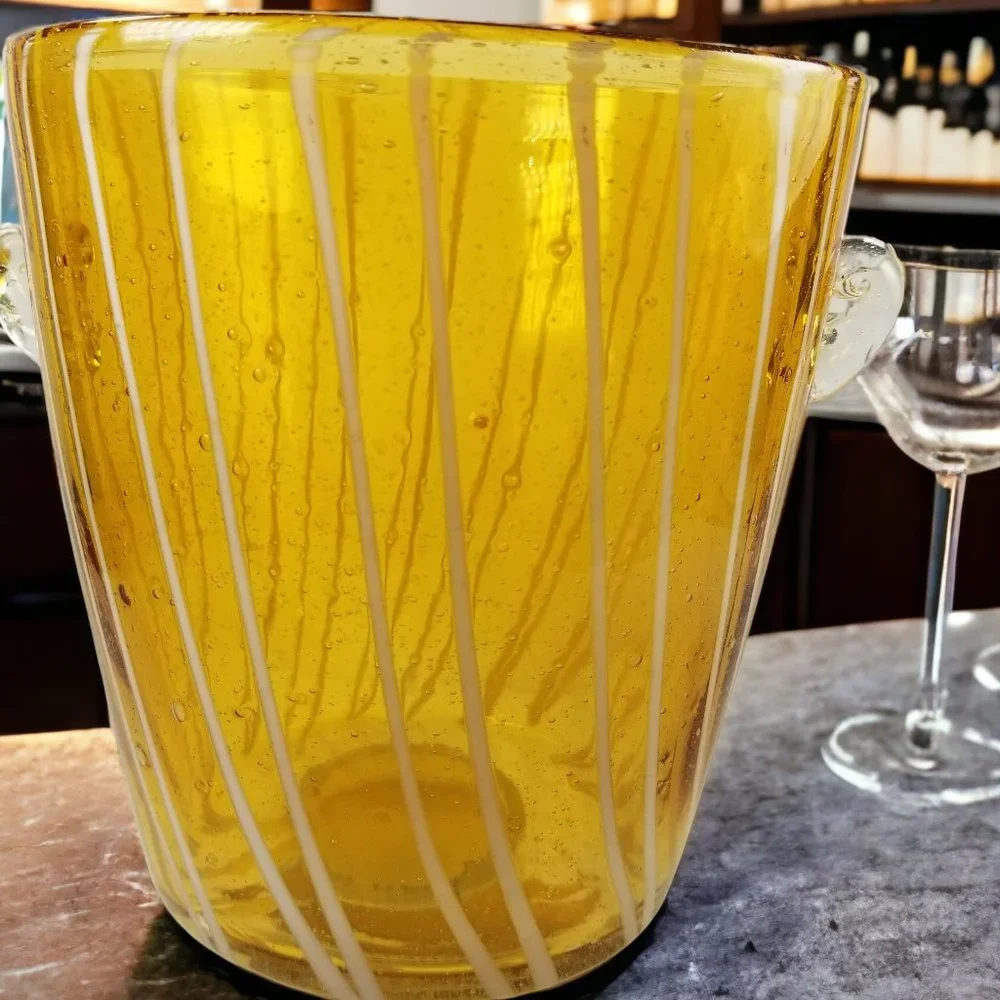 Murano Italian Ice Bin Venini for Disaronno, Handblown Art Glass, Amber & White